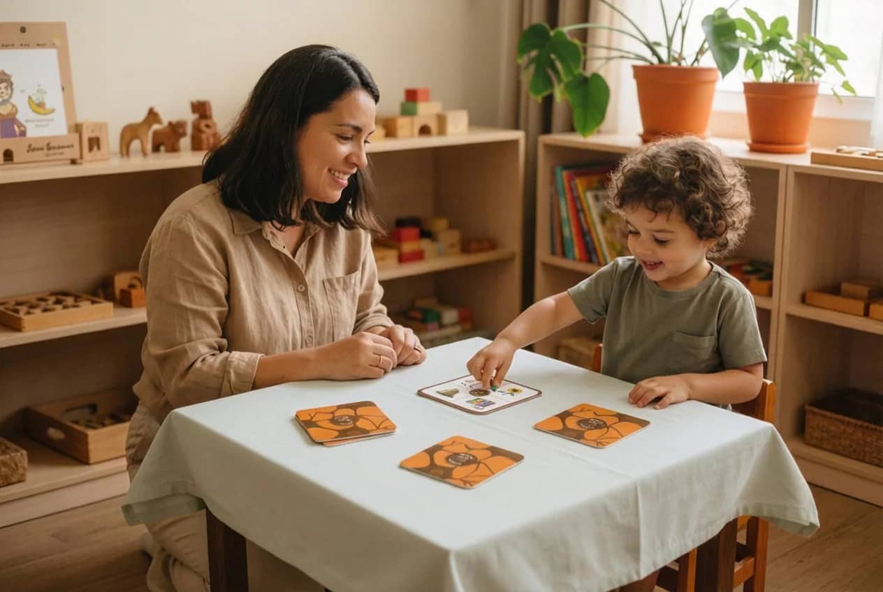 Adulto e criança jogando um jogo de alfabetização com cartas na mesa